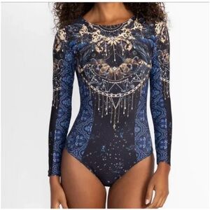 Johnny Was Supernova Surf One Piece Blue and Gold Long Sleeve Swimsuit Rashguard